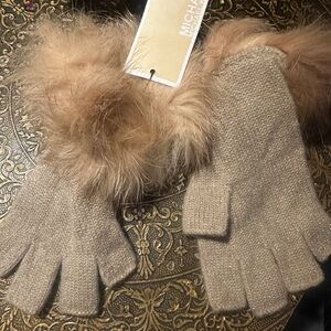 Michael Kors Tan Knit Gloves with Fur Trim